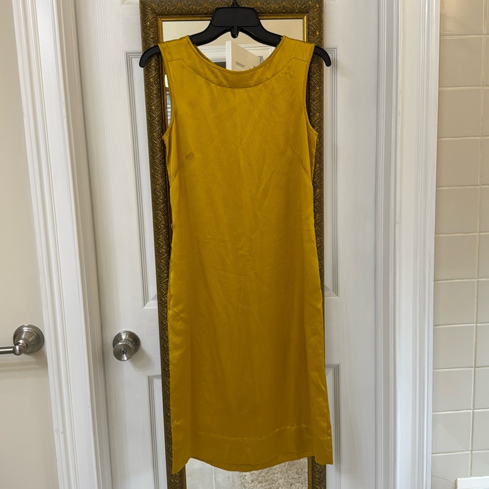 Gold silk dress J.Crew zip back, pockets!